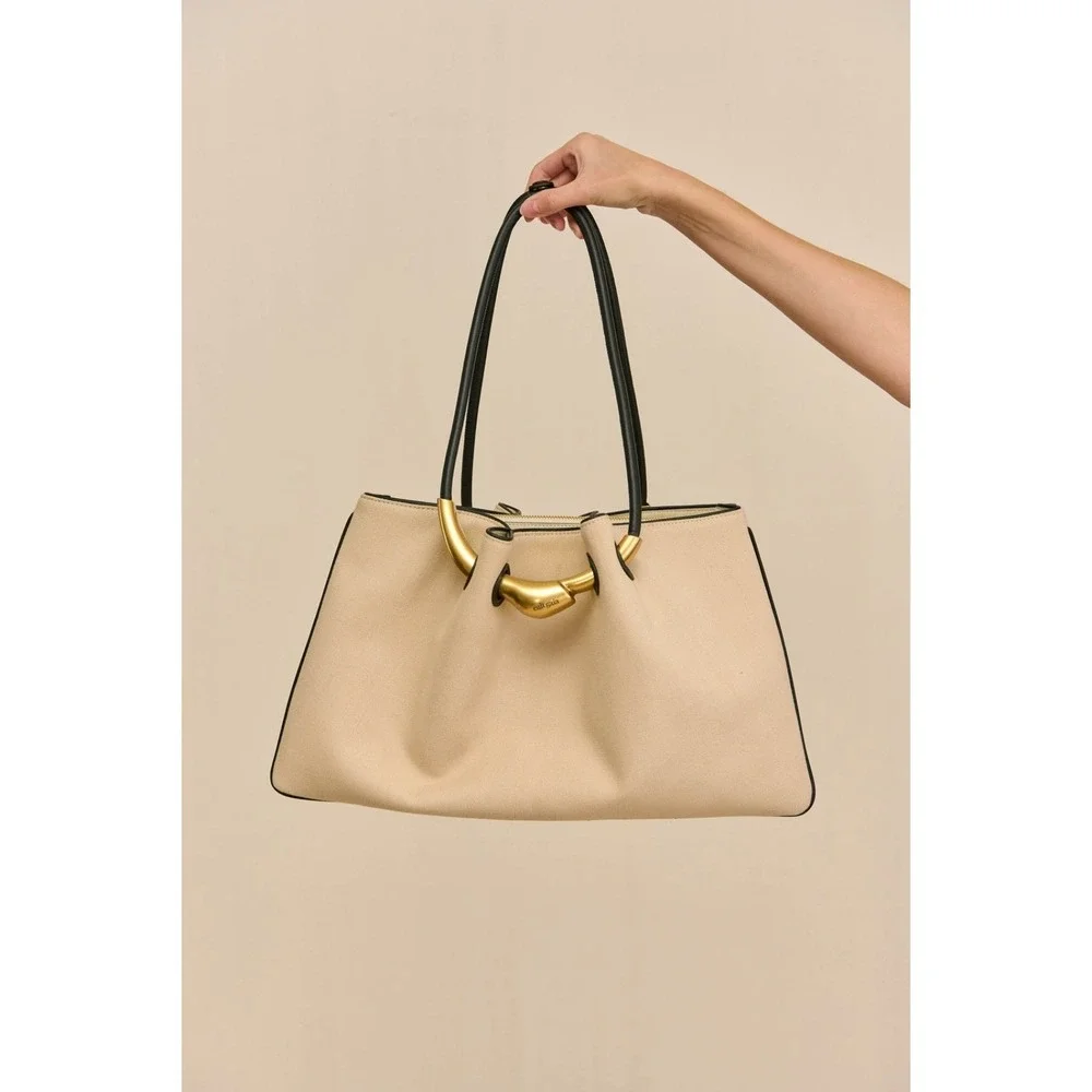 NWT $598 Cult Gaia‎ ASA Canvas & Leather Satchel Large Bag in Beach Nude